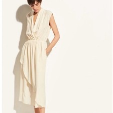 Vince Silk Drape Front Dress Sleeveless Surplice Midi Asymmetric Cream Small