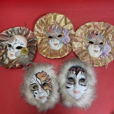 Ceramic Clown Jester Fan Style Ruff Venetian Style Decor Mask Lot of 5.   #1