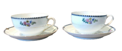 NORITAKE SHERIDAN 69533 VTG LOT OF 2 CUP SAUCER SETS BLK BLUE FLORAL JAPAN VGUC