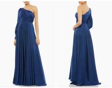 Mac Duggal Midnight Blue One shoulder Long Sleeve Satin Gown Size 4 $398