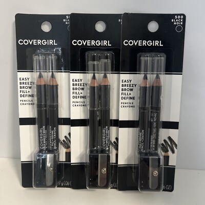 3-Covergirl Easy Breezy Brow Fill + Define Pencils+Sharpener #500 Midnight Black