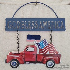NEW 4th FOURTH OF JULY METAL RED PICK UP TRUCK WALL HANGING GOD BLESS AMERICA