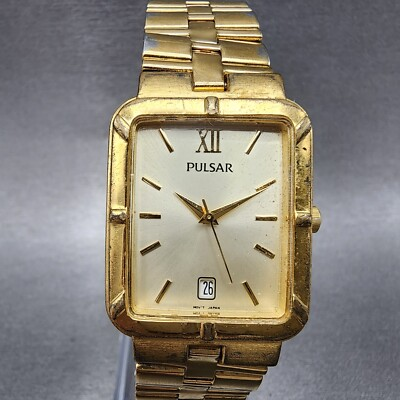 #ad Pulsar Tank Watch Men 26mm Champagne Dial Gold Tone Date Rectangle New Battery $19.49