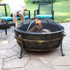 34 in Cauldron Outdoor Fire Pit Bowl with Spark Screen and Poker by Sunnydaze