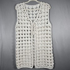 Vtg Handmade Crochet Vest Womens L Cream Natural Open Knit Boho Festival Tie XL