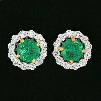 NEW 18k TT Gold 2.40ctw Round Brilliant Emerald w/ Diamond Halo Stud Earrings