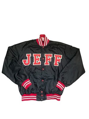 Vintage Varsity Bomber Jacket Jeff Spellout Black Red 80s Vintage Size Large