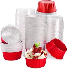 100 Pack Foil Cupcake Liners with Lids, 5 oz Round Baking Cups, Red