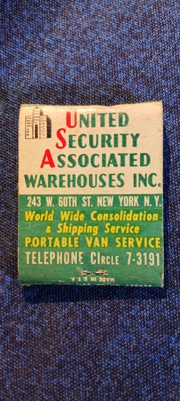 UNITED SECURITY ASS WAREHOUSES INC...NYC ..NY 1950S...UNSTRUCK MATCHES