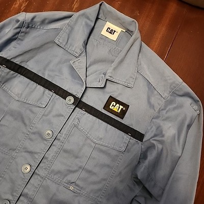 CAT Vintage Baby Blue Striped Caterpillar LongSleeve Button Up Workwear Size L