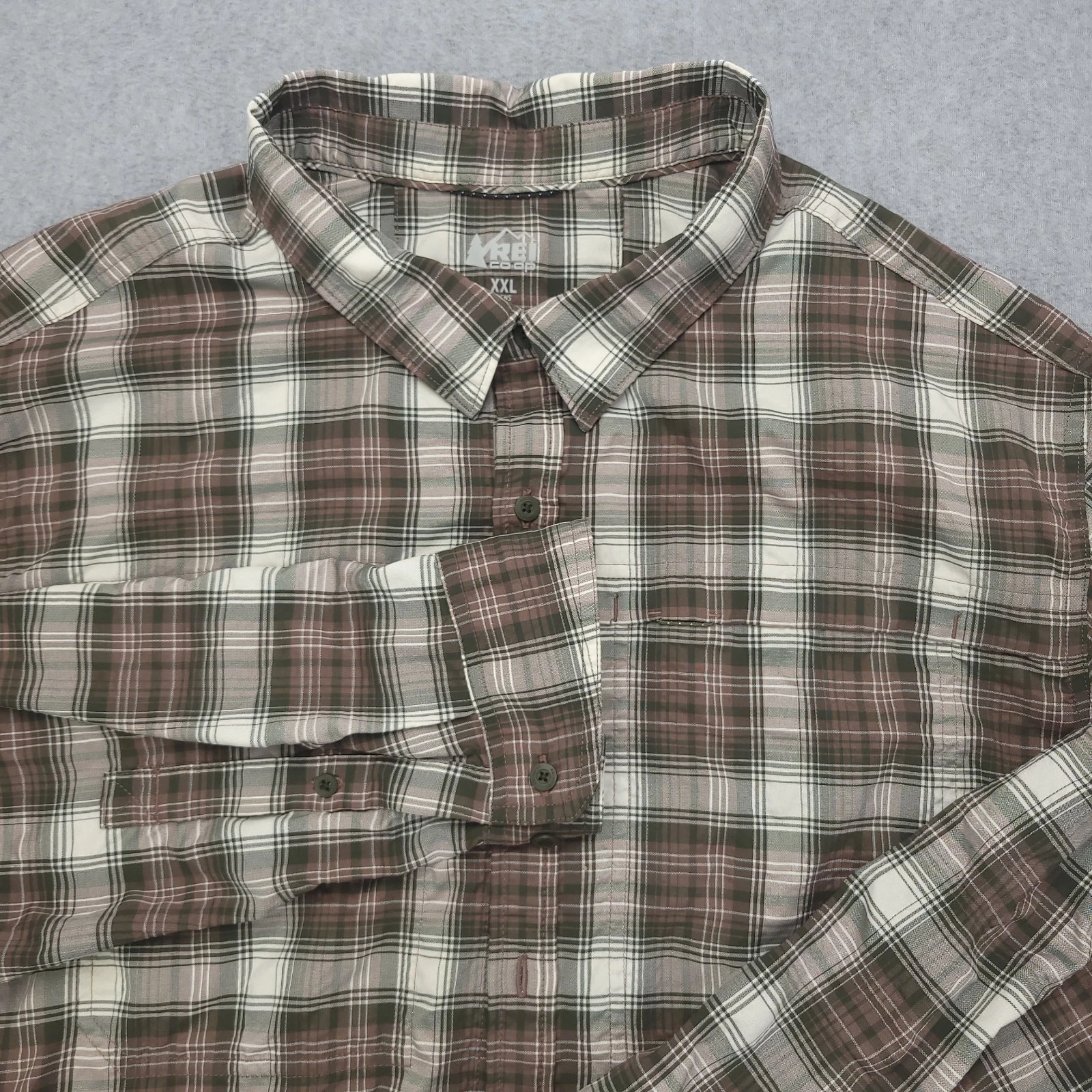 REI CO-OP Shirt Men's XXL Plaid Roll Tab Sleeve Vented Nylon Hiking Camp