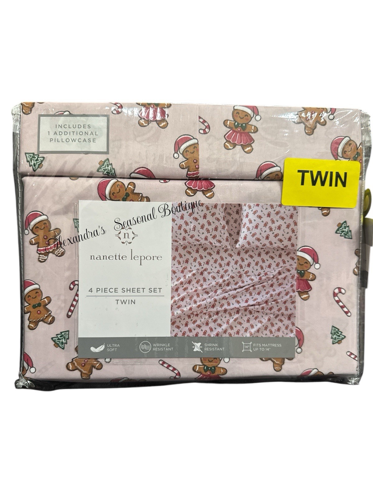 Nanette Lepore Shabby Chic Christmas 4 PC Twin Sheet Set Gingerbread Candy Cane