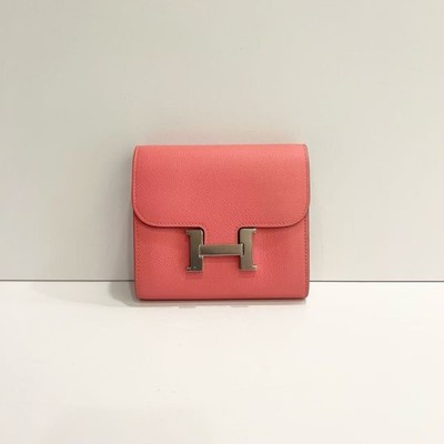 Authentic Hermès Constance Compact Wallet Pink Epsom Leather Silver Hardware