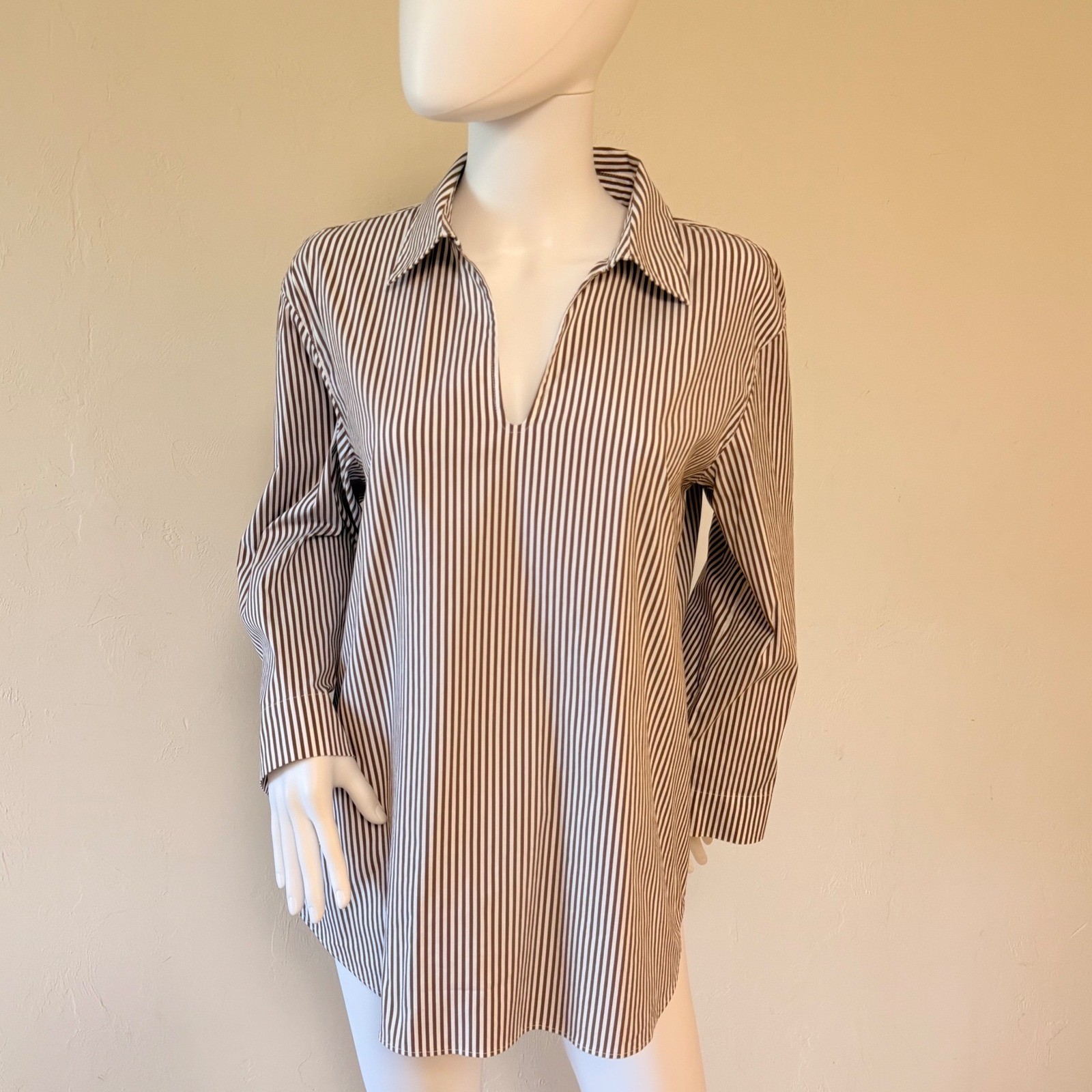 Lafayette 148 New York Women's  Brown White Striped V-Neck Tunic Blouse Size M