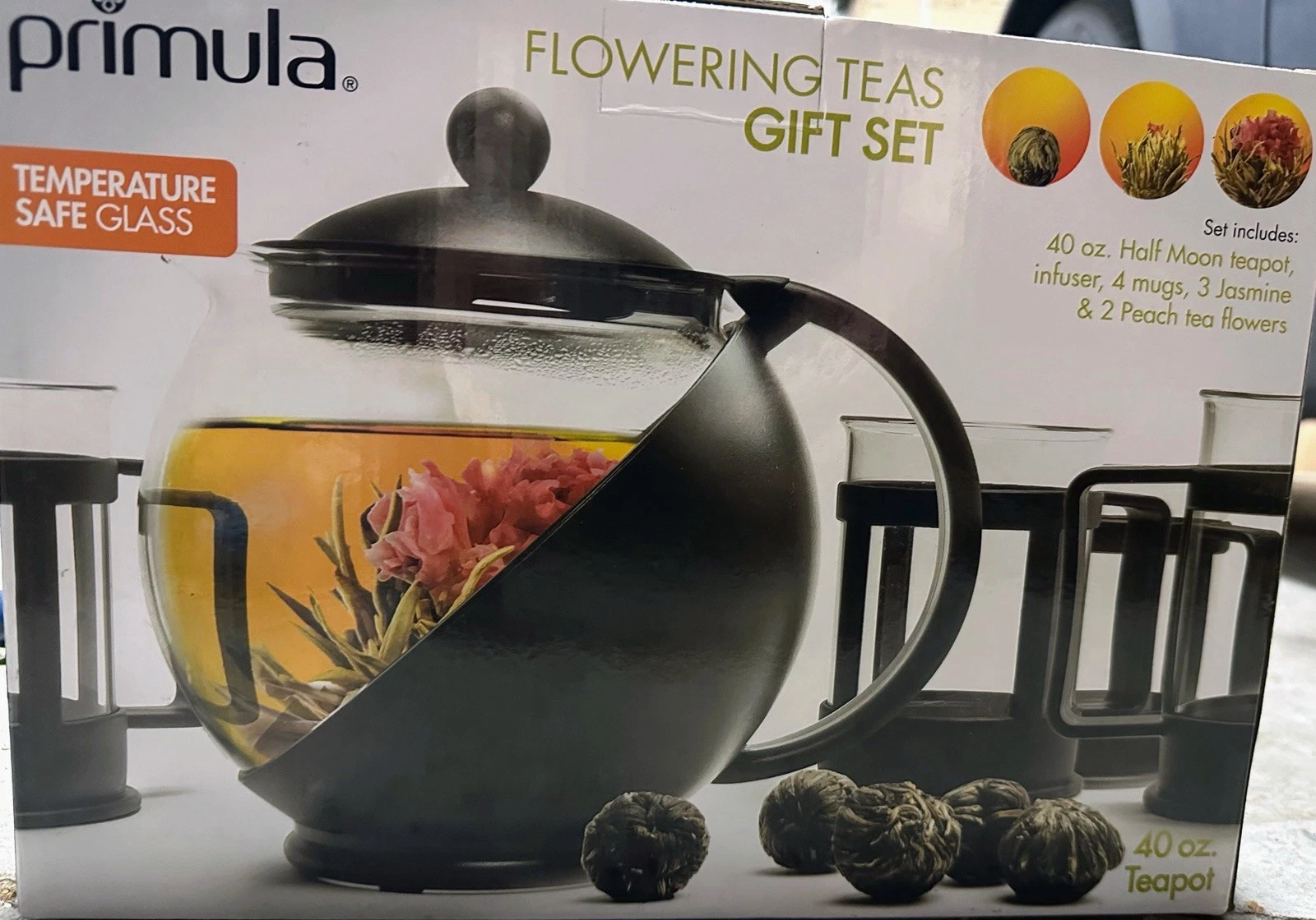 Primula Flowering Tea Set:Jasmine & Peach, 4 Glasses, 40 oz Teapot, Diffuser