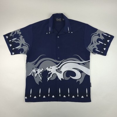 Vintage Dragonfly Shirt Mens Large Blue Loop Collar Dragon Print Button Up Y2K
