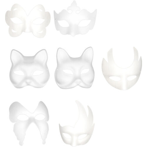 DIY Halloween Cat Fox Paper Man Child Plain White Pulp Mask 7 Pcs - Picture 1 of 12