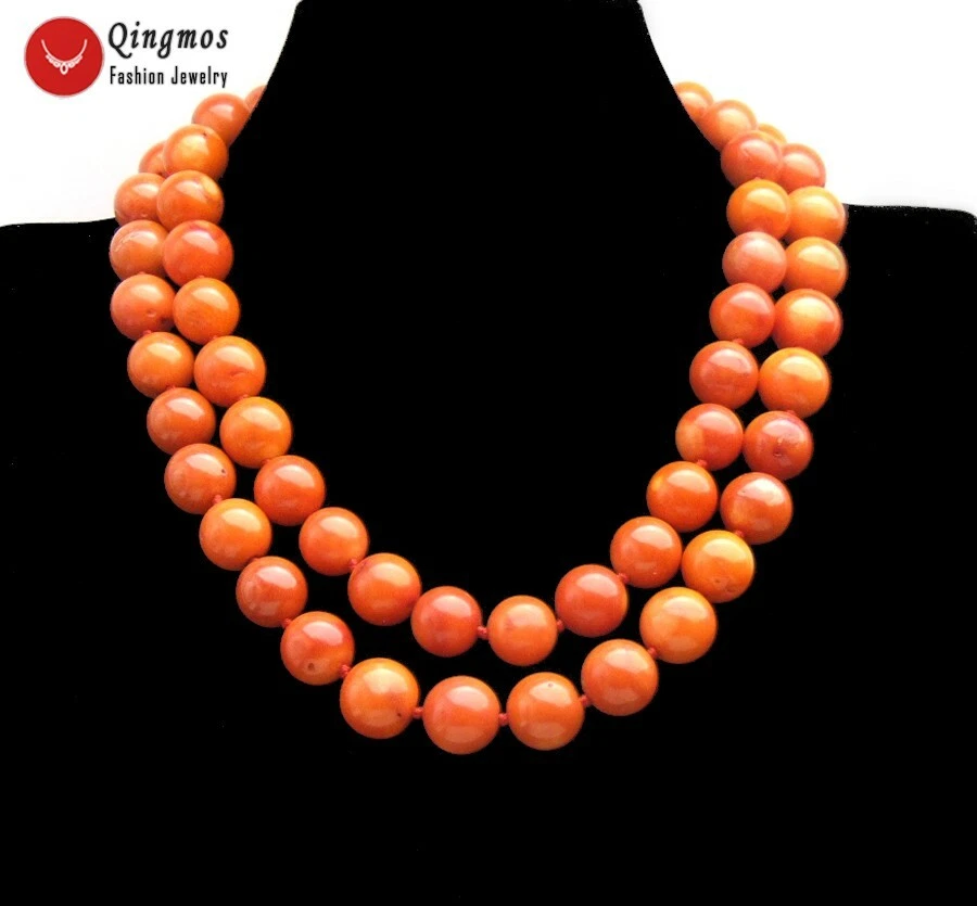 15-17mm Round Natural Orange Coral Necklace for Women Jewelry 2 Strands 18" - Image 3 of 4