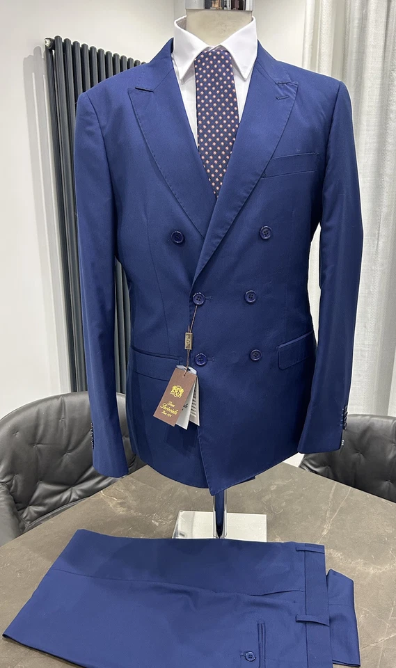 Traje de hombre a medida de doble botonadura azul lana caída 7 46 48 50 52 54 56 58 A/I Foto 3 de 4