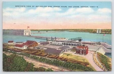 Keokuk Iowa~Dam Power House & Locks Birdseye View~Linen Postcard