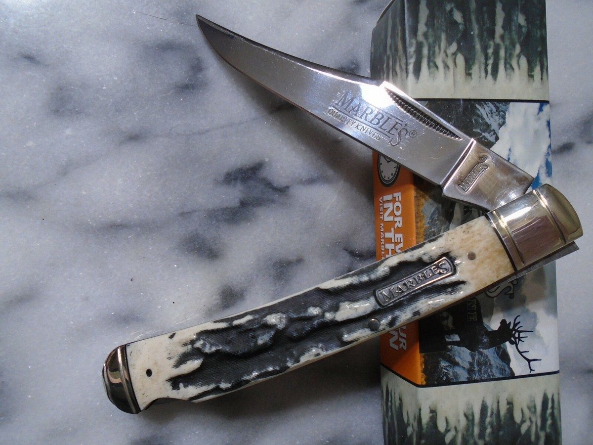 Marbles Black Stag Bone Large Lockback Pocket Knife Folder Blade  