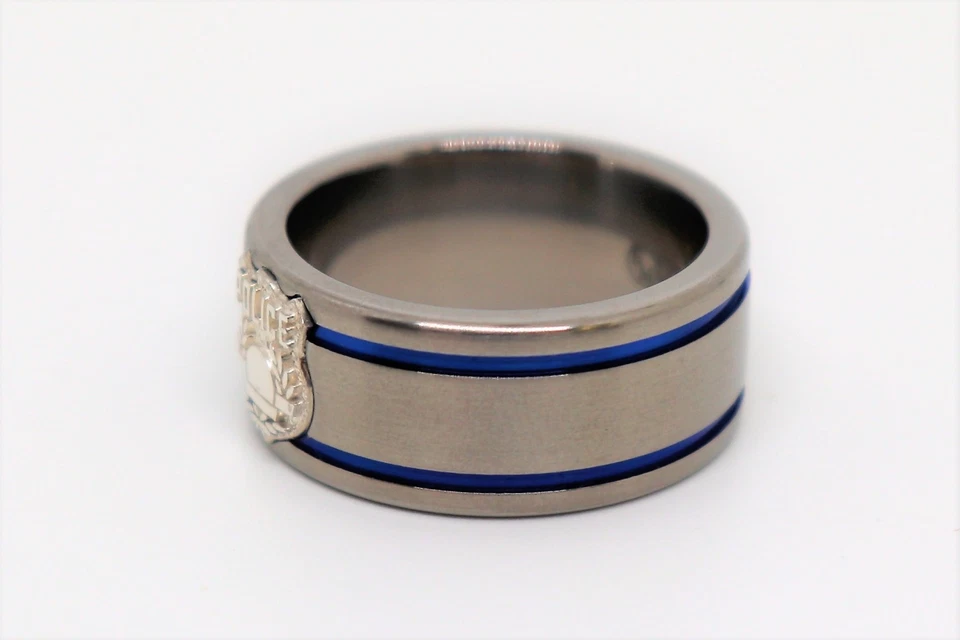 Wedding Band For Policeman W/Badge Titanium & Sterling Blue stripes size 9.5 - Image 2 of 4