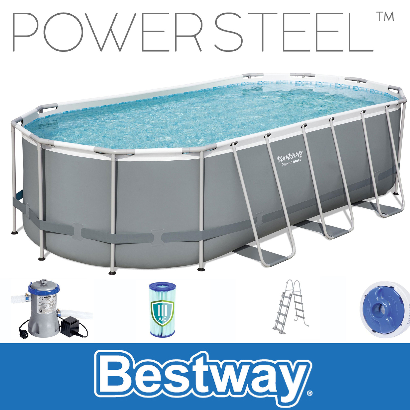 Piscina de montaje ovalada BESTWAY Power Steel 427x250x100 filtro incluido, escalera 56620