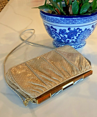 FINESSE LA MODEL Beige Snakeskin Embellished Gold Tone Clasp Shoulder Bag Clutch