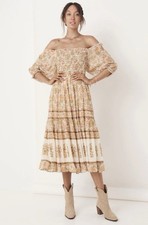 SPELL & THE GYPSY Juniper Shirred Midi Dress Floral Cream Size AU 10 / US 6 Boho