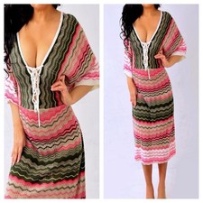 ASHLEY STEWART Pink Taupe Black Striped Chevron Sweater Kimono Dress 26 28 XXXL