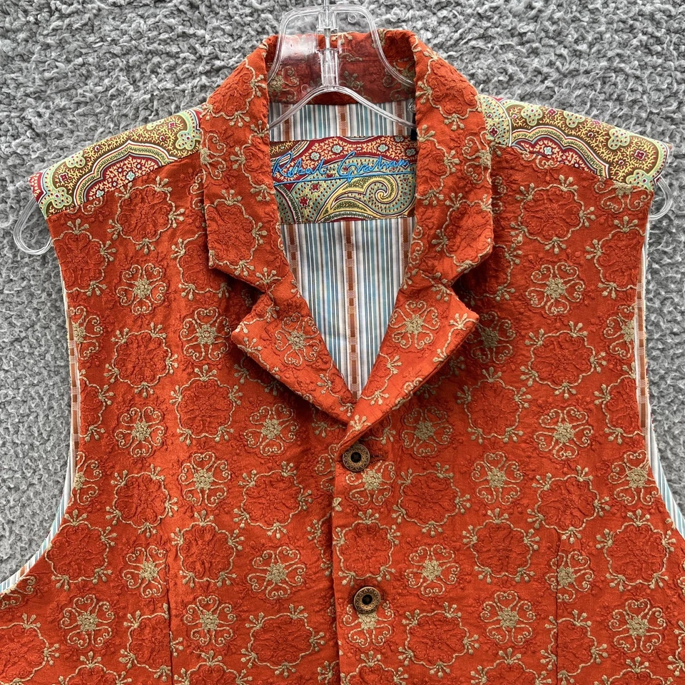 Chaleco Robert Graham Hombre Mediano Naranja Cachemira Bordado Brocado Colorido Fiesta Foto 3 de 4