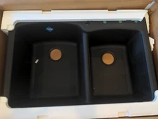 Franke Double Basin Drop In Kitchen Sink Granite Onyx offset EOOX33229-1