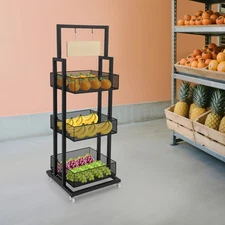 3 Tiers Retail Display Stand Rolling Storage Shelf with Wheels Snack Organizer