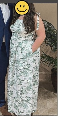 Rachel Zoe XL Scenic Print Maxi Dress Tie Straps Smocked Bodice White Green