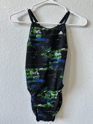 Adidas One Piece Swimsuit Size 28 NWOT Black Green Blue Print Crossback Training