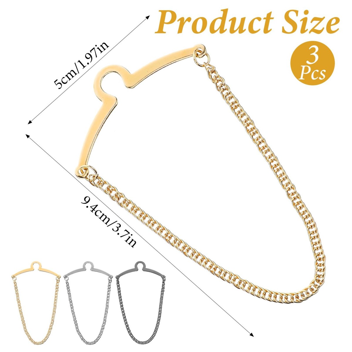 3 Packs Tie Chain for Men, Fashion Necktie One Size, Silver, Gold