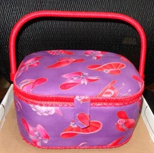 HTF VTG PURPLE WITH LADY LADIES RED HATS THREAD CHEST SEWING BASKET NOTIONS BOX