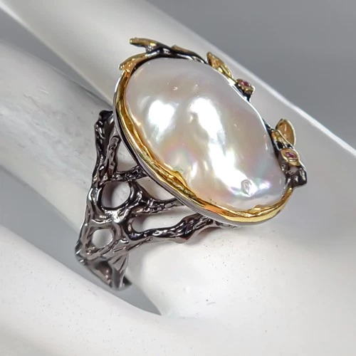 Gemstone Natural Baroque Pearl Ring 925 Sterling Silver Size 7.5 /R436938 - Image 3 of 4