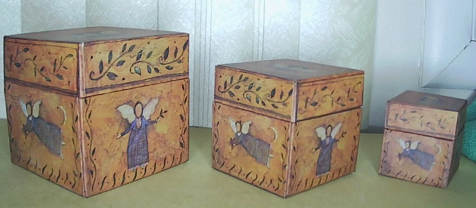 Bob's Boxes 3 Nesting Primitive Art Folk Angels boxes Susan Winget - Image 2 of 4