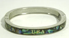 Abalone Shell Hinged Bangle Bracelet Clamper Silver Tone MOP Mother Pearl USA