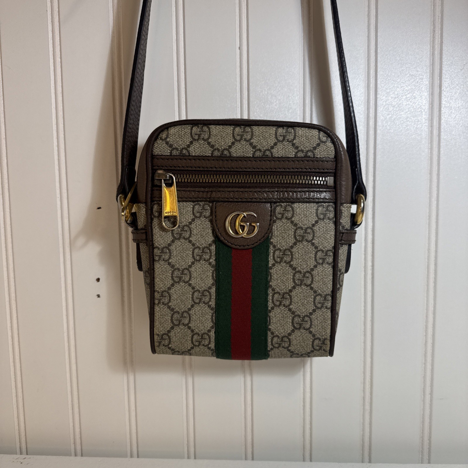 Gucci Ophidia GG Supreme Mini Crossbody Bag Brown Web Stripe Shoulder Bag