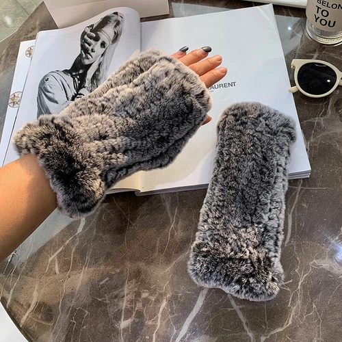 Womens Winter Real Rabbit Fur Gloves Knitted Stretch Fingerless Mitten Gloves - Picture 88 of 102