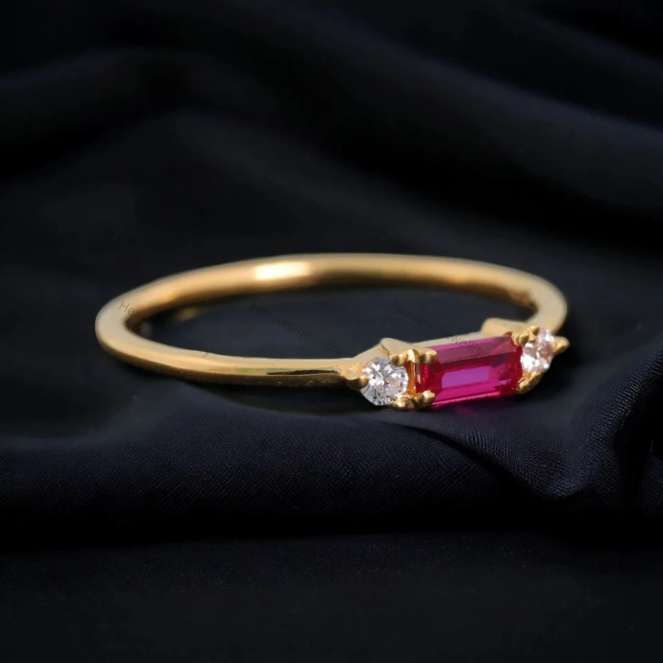 Vintage Baguette Cut Pink Ruby Ring Stackable Three Stone Art Deco Jewelry ring - Image 2 of 4