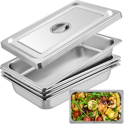 4'' Deep Full Size Steam Table Pans w/ Lids 4 Pack Set Hotel Food Buffet