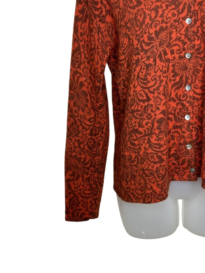 Cardigã suéter feminino vintage Jillian Jones grande ferrugem marrom botões paisley - Imagem 3 de 4