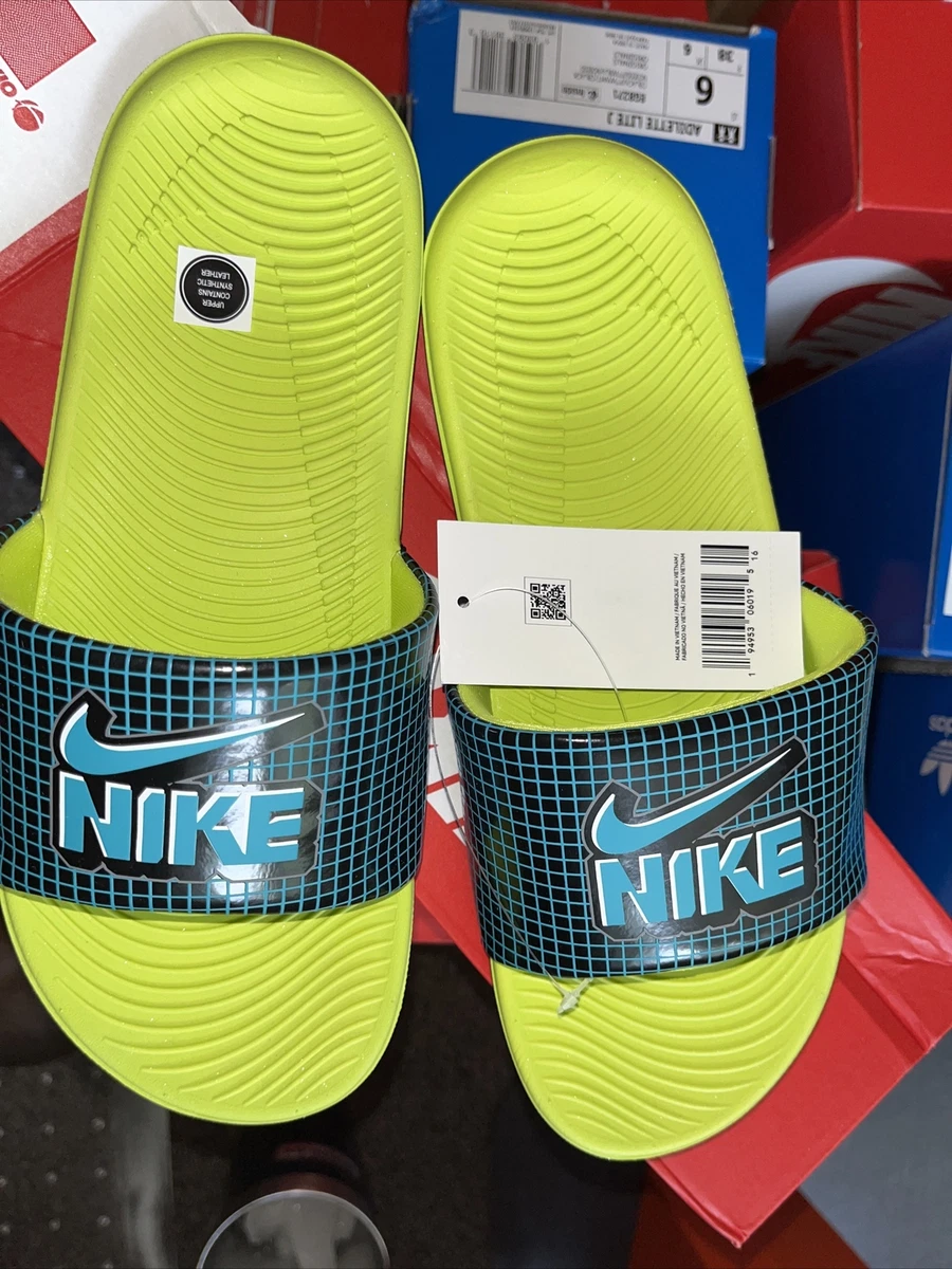 Blue and green nike slides clearance