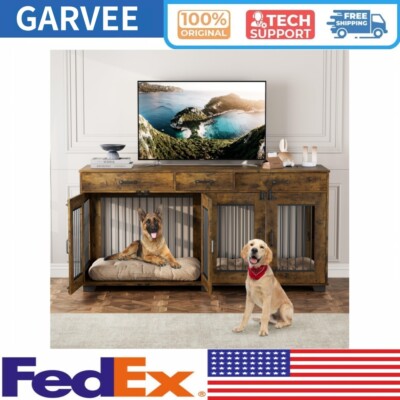 Dog Crate Furniture 71'' Double Doors Wooden Kennel with 3 Storage