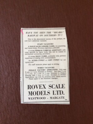 B9b Ephemera 1966 Advert Rovex Scale Models Ltd Margate Jobs