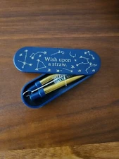 Reusable Straw Foldable Collapsible Retractable Metal Carry Case Brush Blue