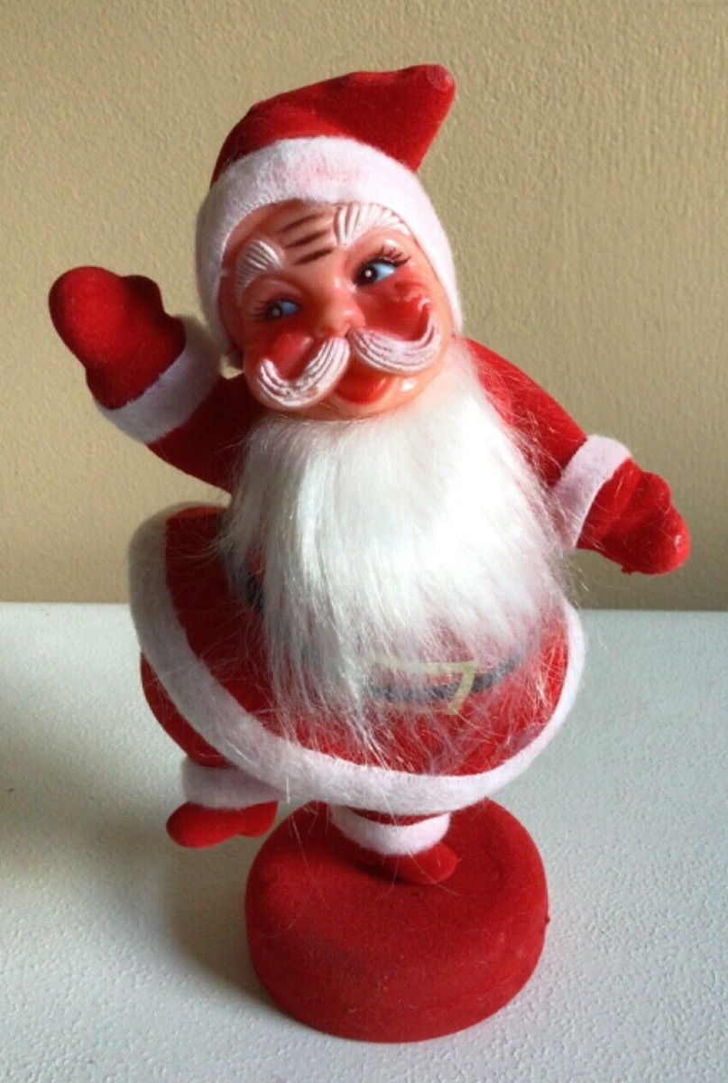 Vintage Flocked Waving Dancing Standing Santa Claus Christmas